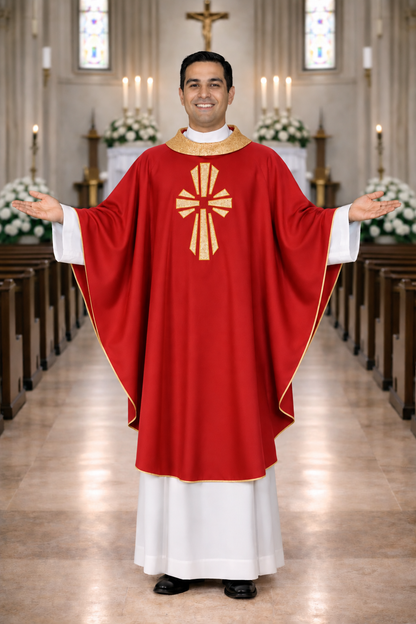 Priest in a church wearing a red liturgical vestment with a cross design.