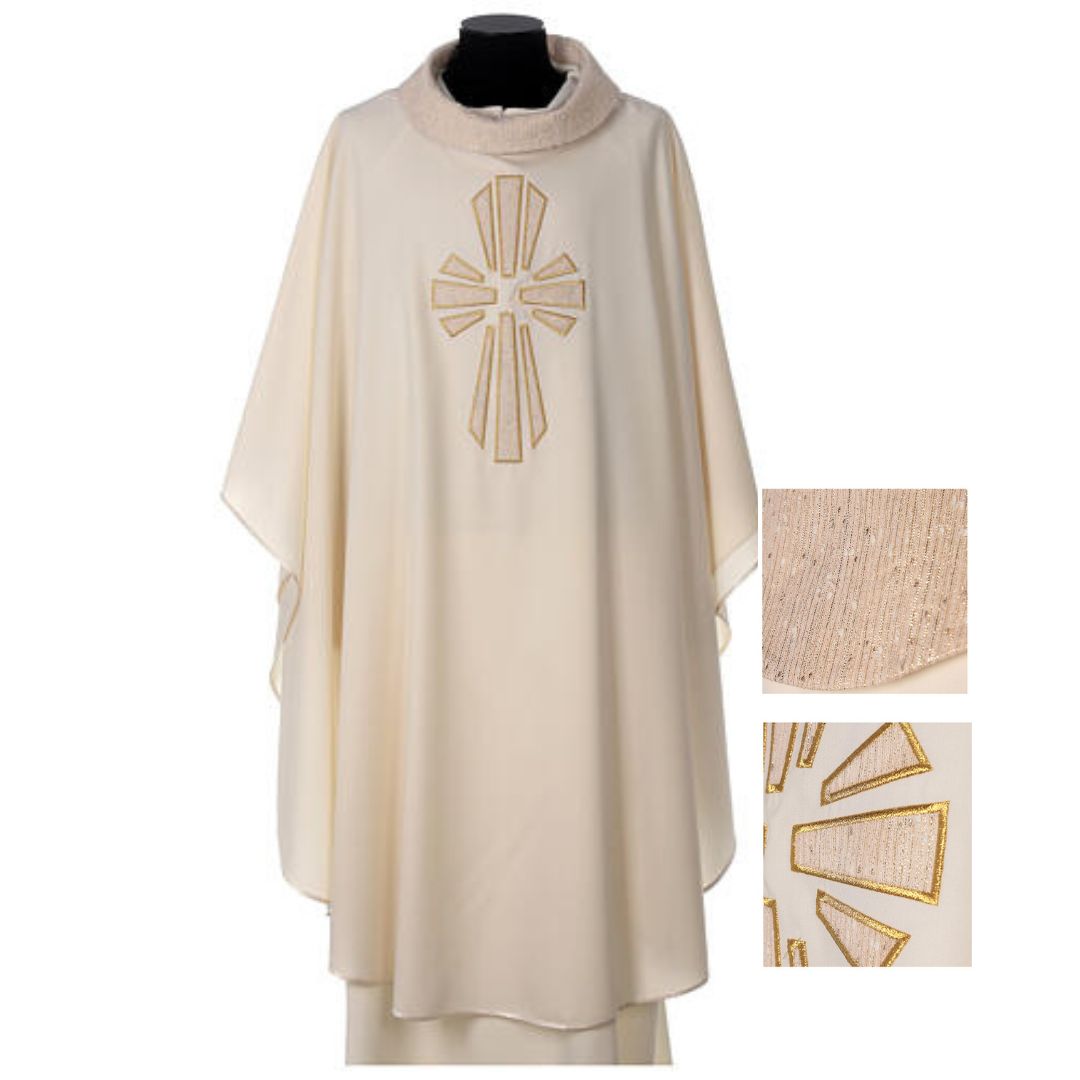 Gothic Chasuble ivory with cross applique in silk made in Italy and sold by The Clergy Store 