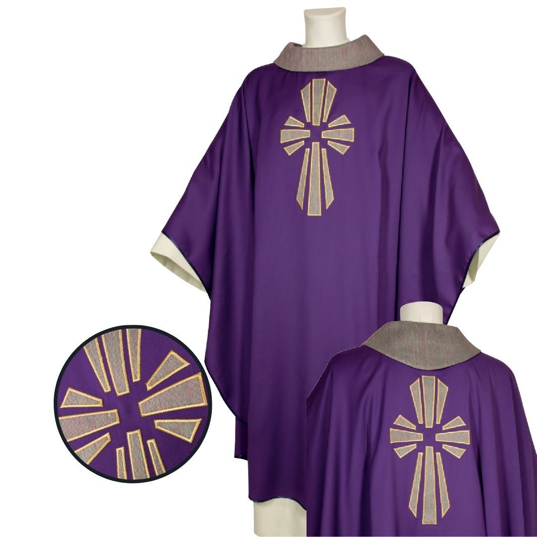 Gothic Chasuble purple with cross applique in silk made in Italy and sold by The Clergy Store 