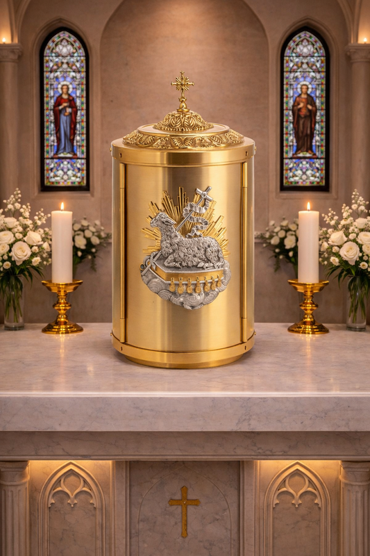 Round Tabernacle with symbol of Lamb of God and Holy Book. Made in Italy and Sold by The Clergy Store.