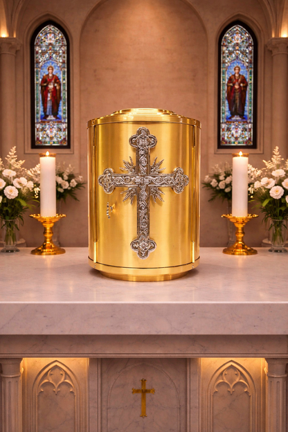 Round Tabernacle with Pictoral Cross. Made in Italy and Sold by The Clergy Store