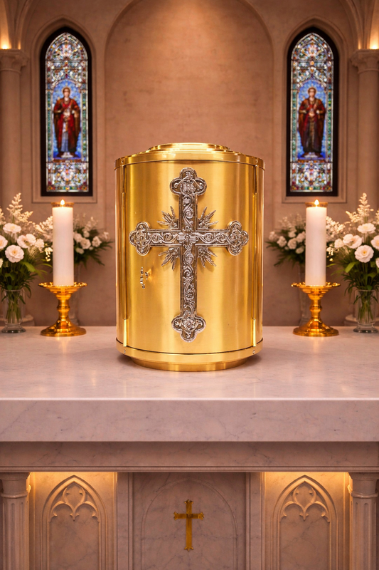 Round Tabernacle with Pictoral Cross. Made in Italy and Sold by The Clergy Store