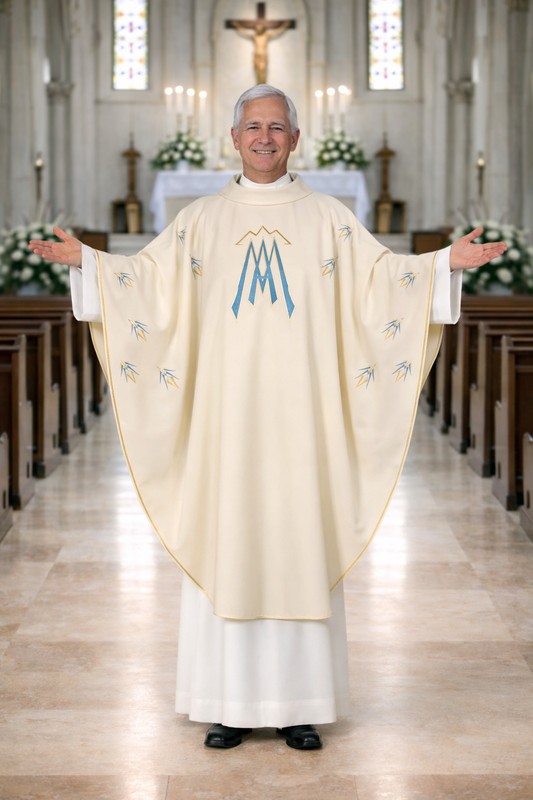 Priest in liturgical vestments with a Marian symbol in a church setting