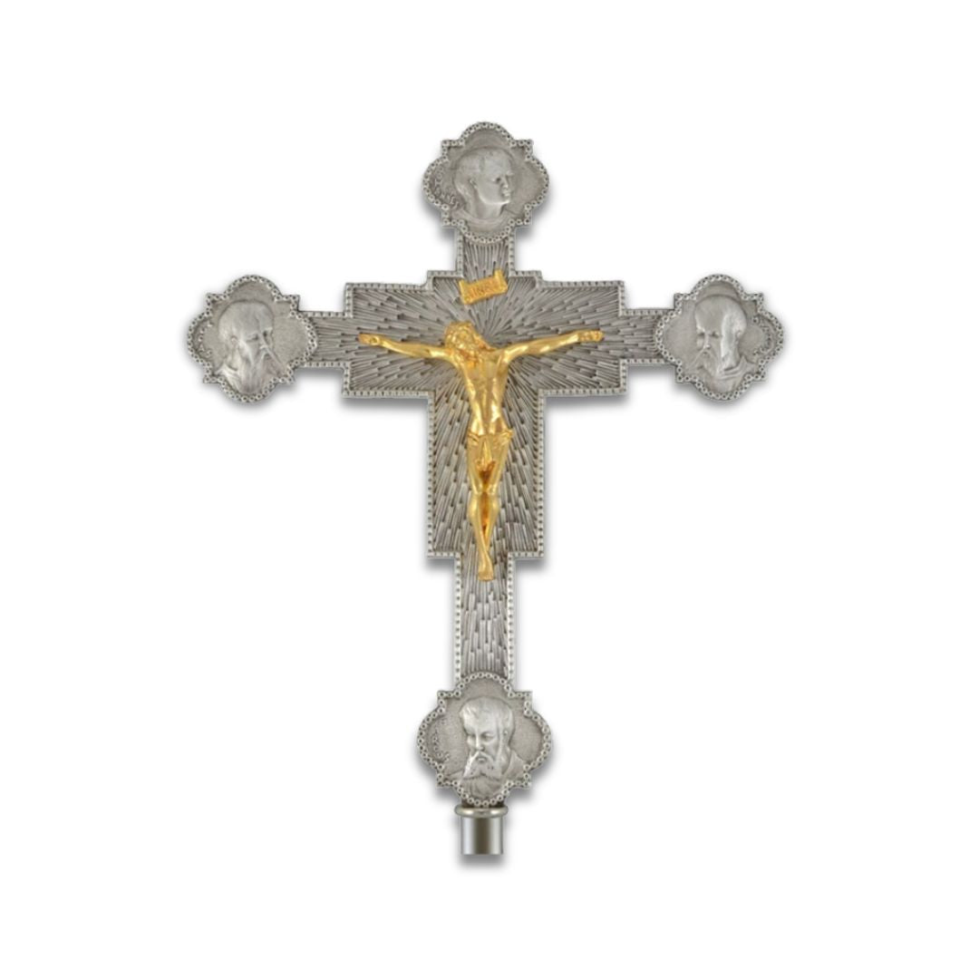 Processional Cross with pole Four Evangelist style silver finish. Made in Italy and sold by The Clergy Store