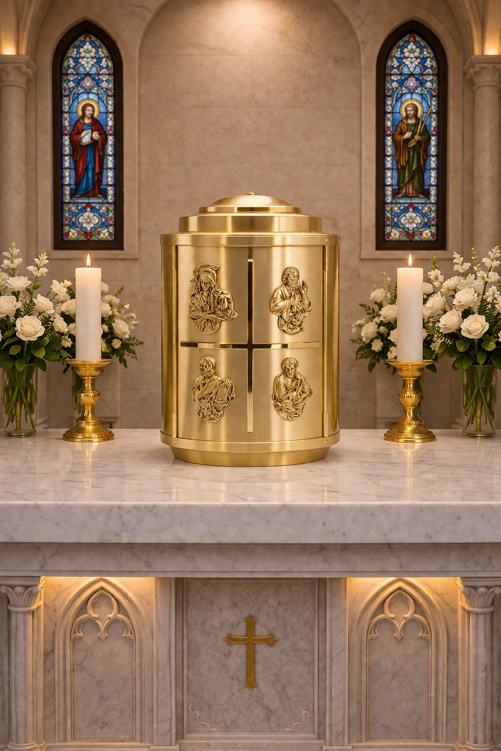 Round Tabernacle with symbols of the Four Evangelists. Made in Italy and Sold by The Clergy Store