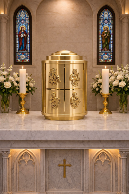 Round Tabernacle with symbols of the Four Evangelists. Made in Italy and Sold by The Clergy Store