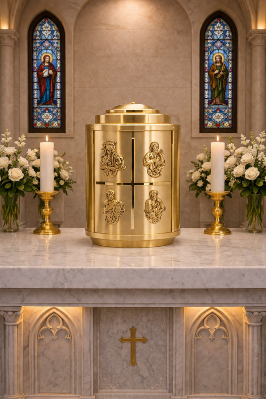 Round Tabernacle with symbols of the Four Evangelists. Made in Italy and Sold by The Clergy Store