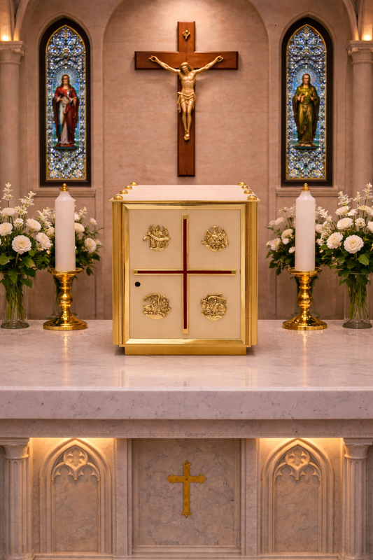 Gold plated Tabernacle with symbols of the Four Evangelists and Enamled Cross. Made in Italy and Sold by The Clergy Store