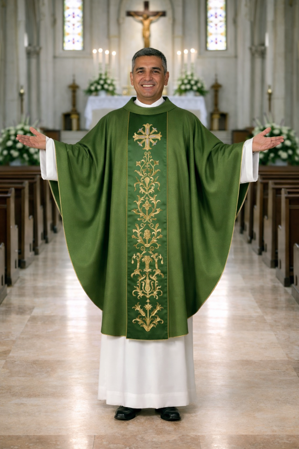 Priest in a green and white robe standing in a church.