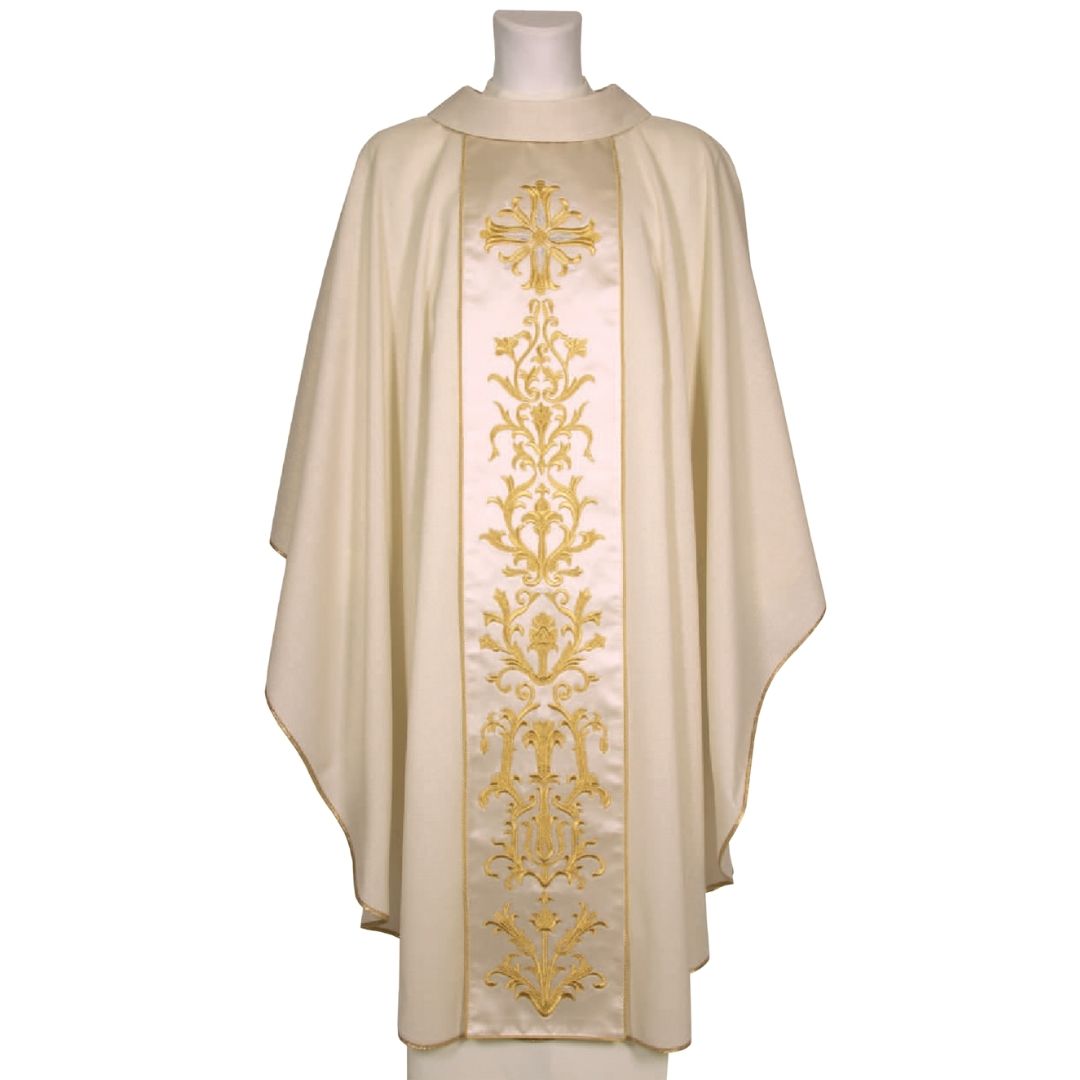 Gothic  chasuble ivory with gold embroidery made in Italy and sold by The Clergy Store