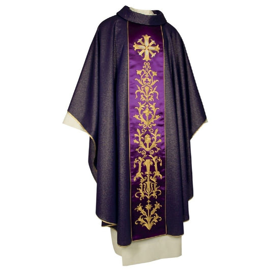 Gothic  chasuble purple with gold embroidery made in Italy and sold by The Clergy Store