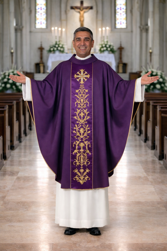 Priest in a purple vestment with gold embroidery standing in a church.