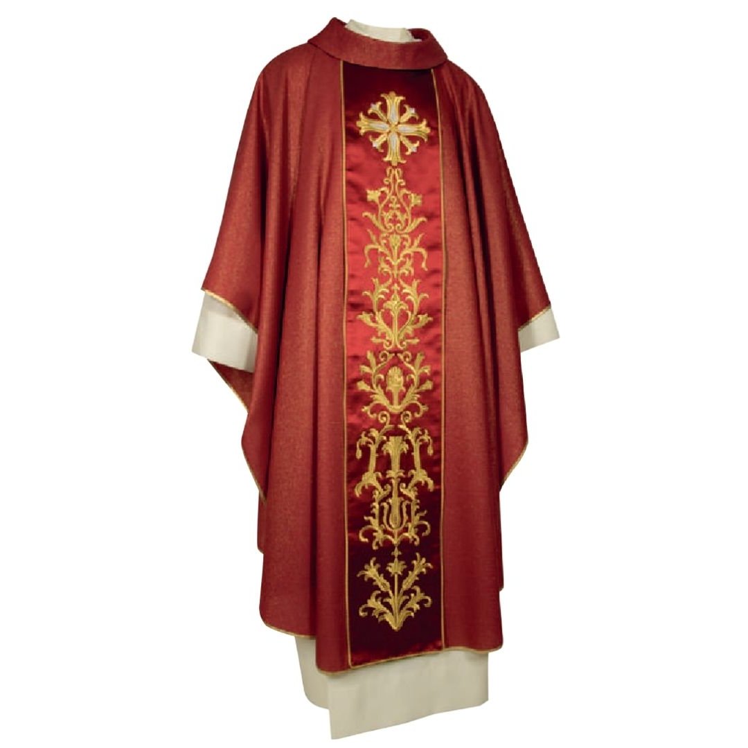 Gothic  chasuble red with gold embroidery made in Italy and sold by The Clergy Store