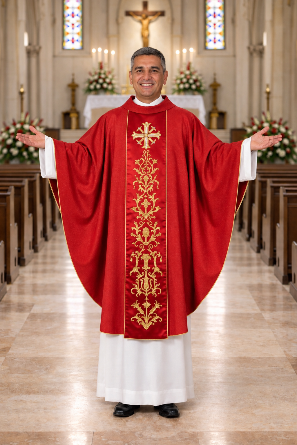 Priest in red liturgical vestment with gold embroidery in a church setting
