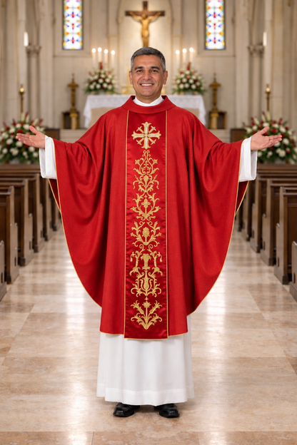 Priest in red liturgical vestment with gold embroidery in a church setting