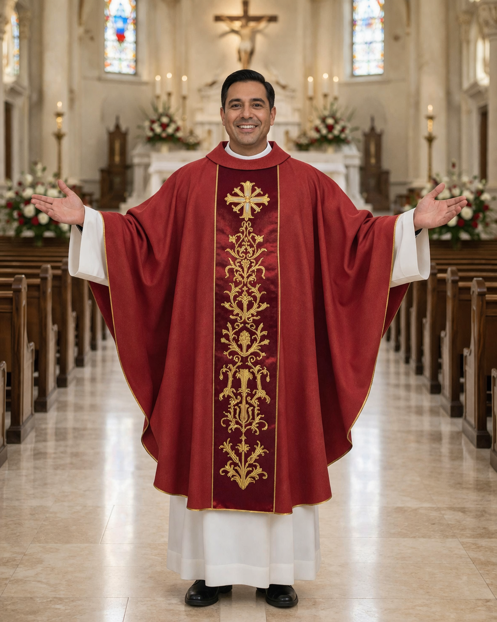 Priest in red liturgical vestment with gold embroidery in a church setting