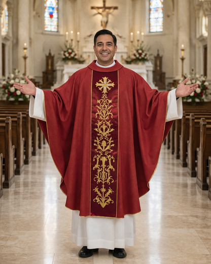 Priest in red liturgical vestment with gold embroidery in a church setting