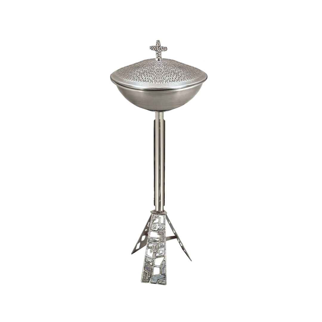 Altar baptismal font hammered silver finish with stand. Made in Italy and sold by The Clergy Store