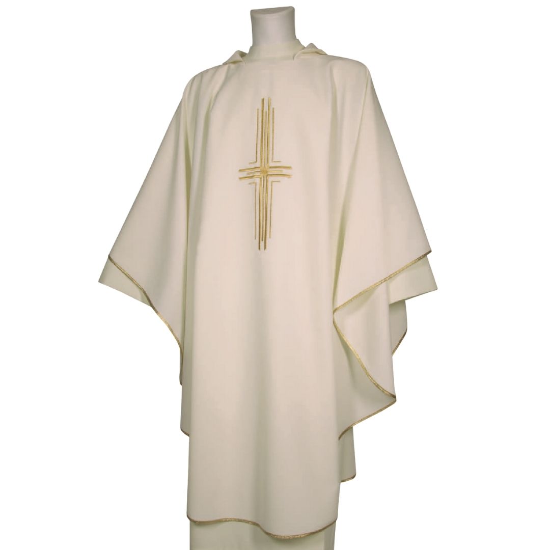 Gothic chasuble ivory with embroidered cross design made in Italy and sold by The Clergy Store