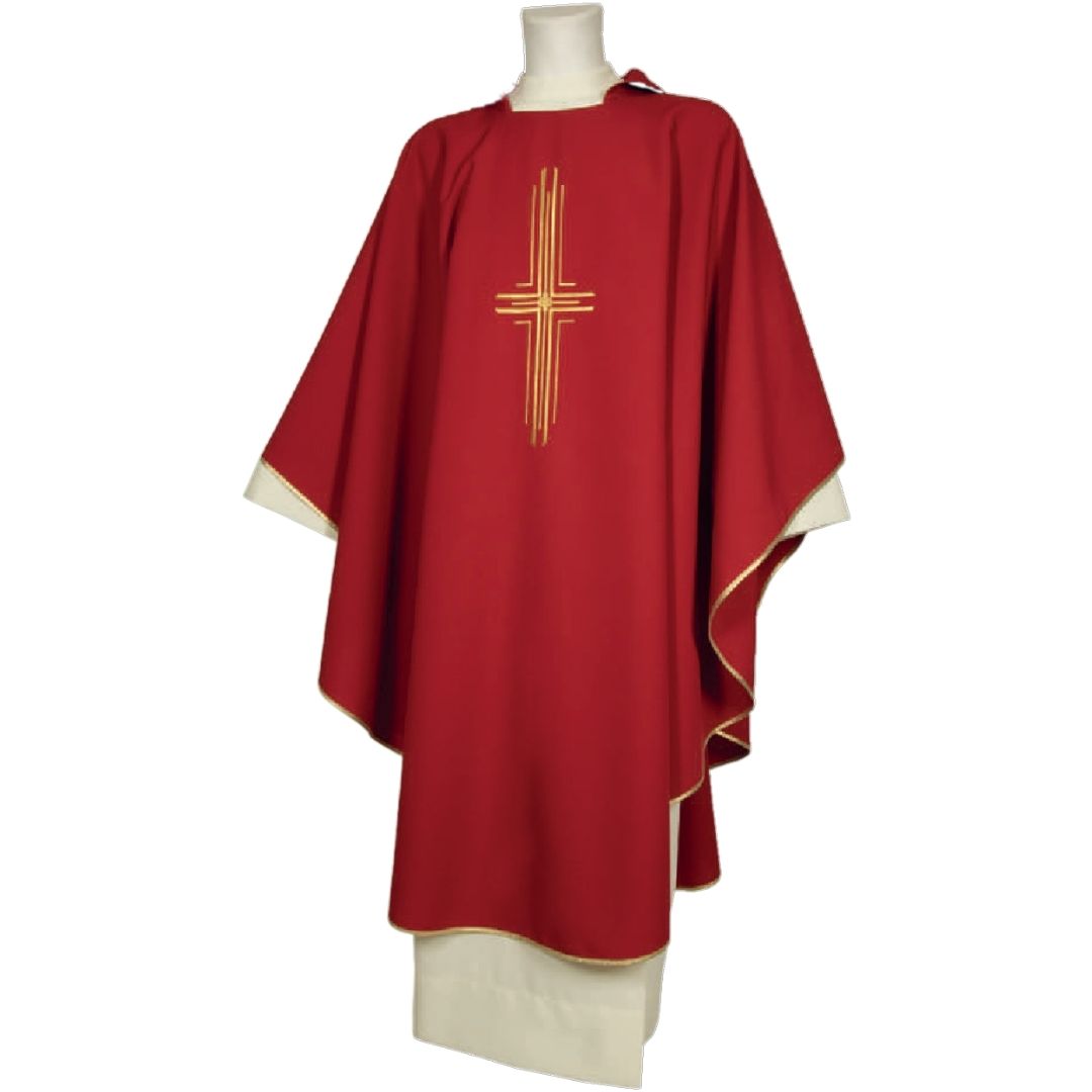 Gothic chasuble red with embroidered cross design made in Italy and sold by The Clergy Store