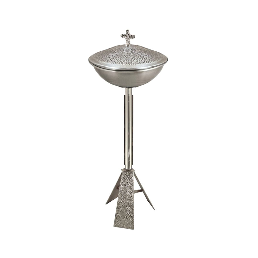 Altar baptismal font hammered silver finish with stand. Made in Italy and sold by The Clergy Store