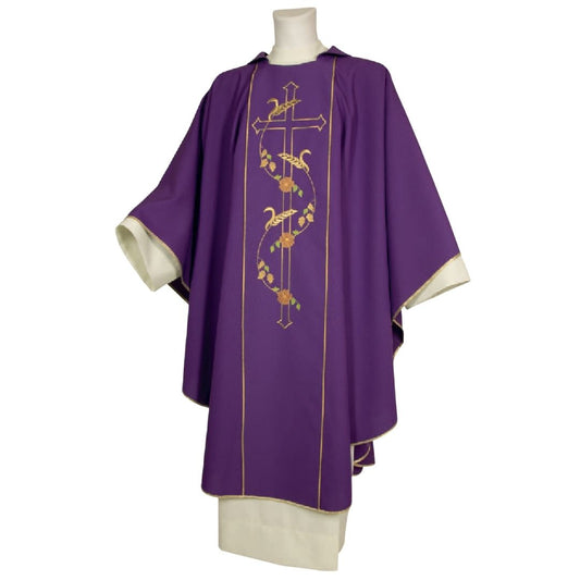 Gothic chasube advent with cross and wheat stalk motif made in Italy and sold by The Clergy Store