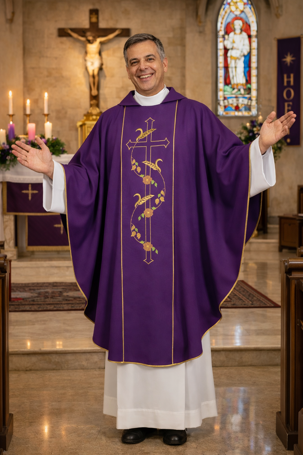 Priest in purple vestment with embroidered cross and fish in a church setting