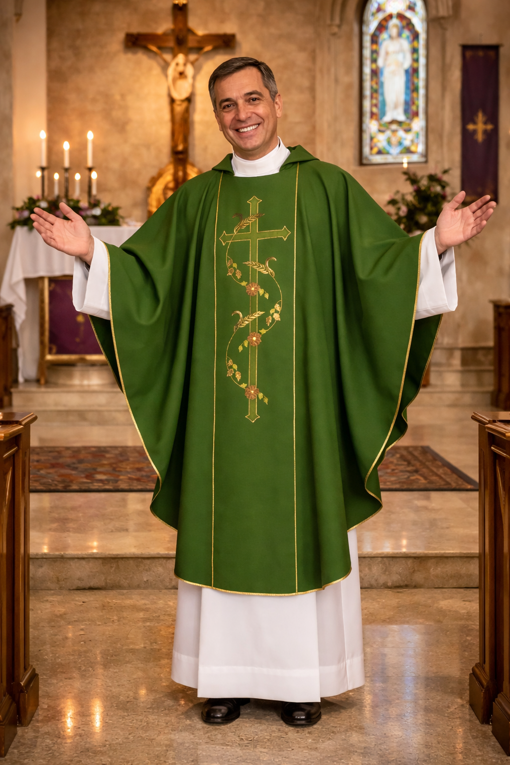 Priest in green vestment with embroidered cross in a church setting