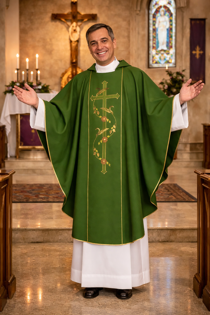 Priest in green vestment with embroidered cross in a church setting
