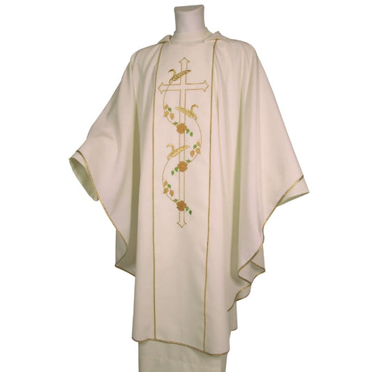 Gothic chasube ivory with cross and wheat stalk motif made in Italy and sold by The Clergy Store