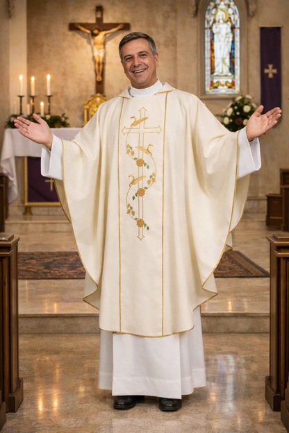 Priest in white liturgical vestments standing in a church with a crucifix and stained glass window in the background.