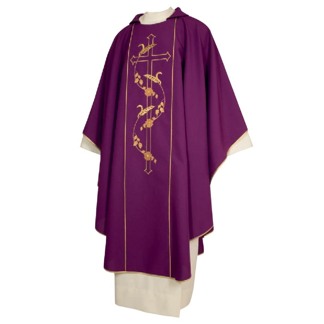 Gothic chasube lent with cross and wheat stalk motif made in Italy and sold by The Clergy Store