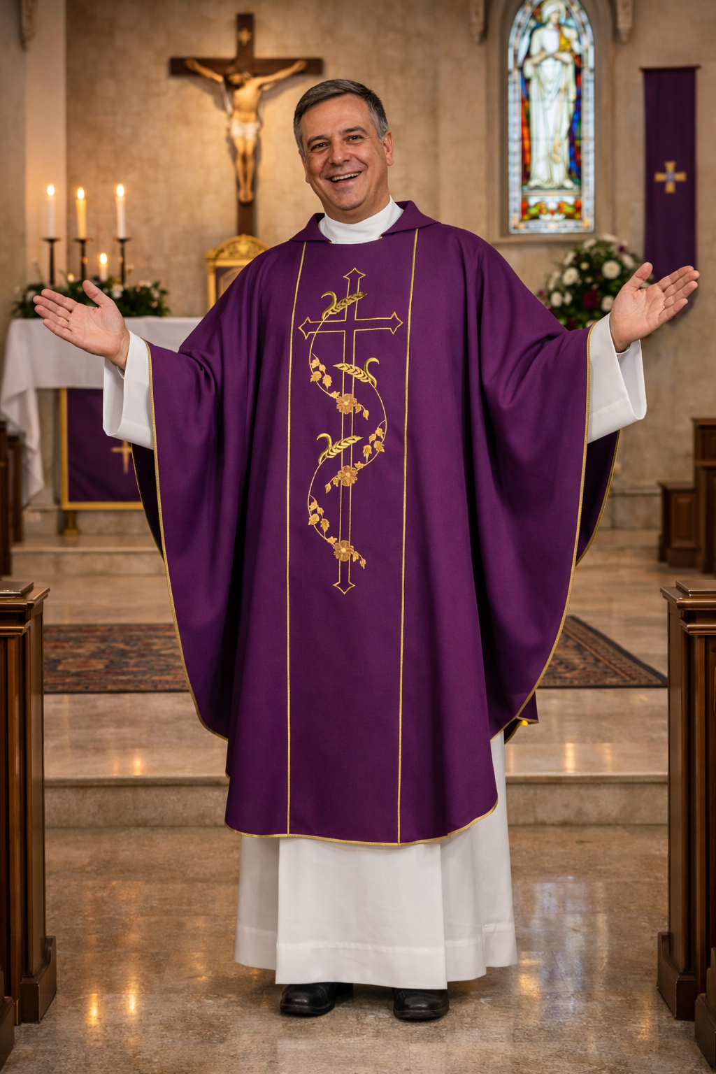 Priest in purple vestment with gold embroidery in a church setting