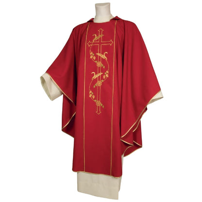 Gothic chasube red with cross and wheat stalk motif made in Italy and sold by The Clergy Store