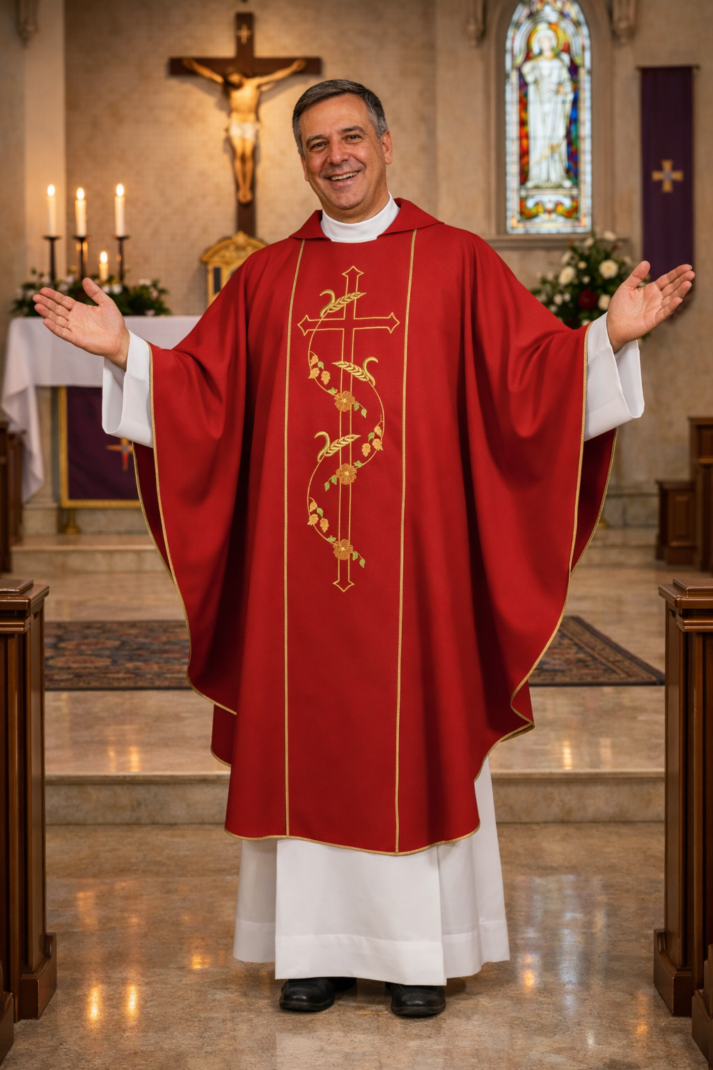 Priest in red vestment with gold embroidery in a church setting