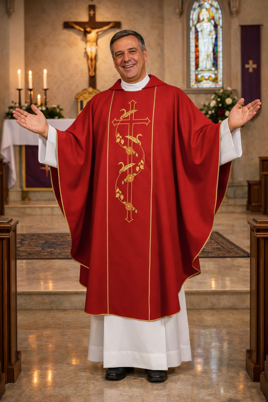 Priest in red vestment with gold embroidery in a church setting