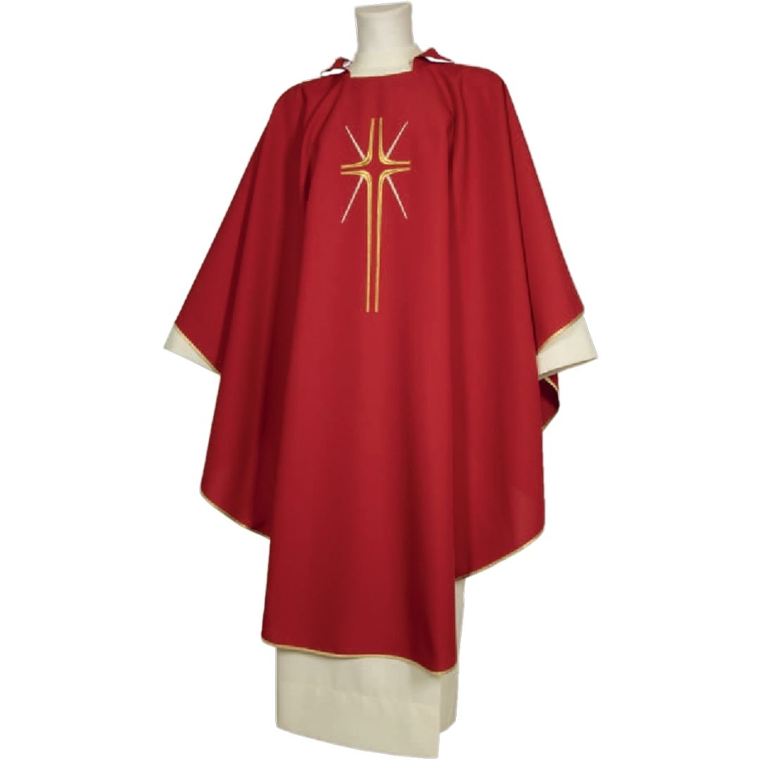 Gothic chasuble red with embroidered cross design made in Italy and sold by The Clergy Store