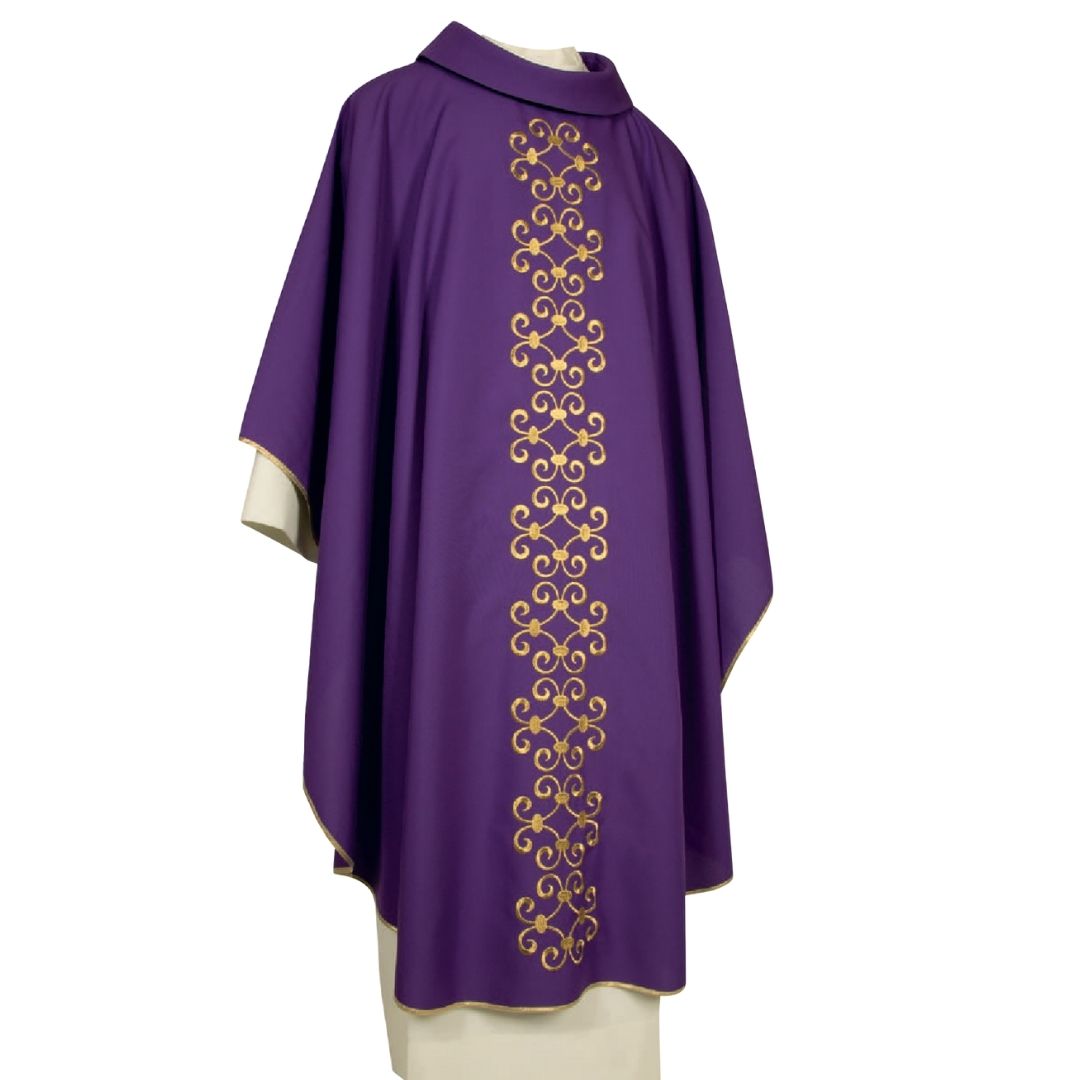 Gothic chasuble purple with ornate embroidery Made in Italy and sold by The Clergy Store