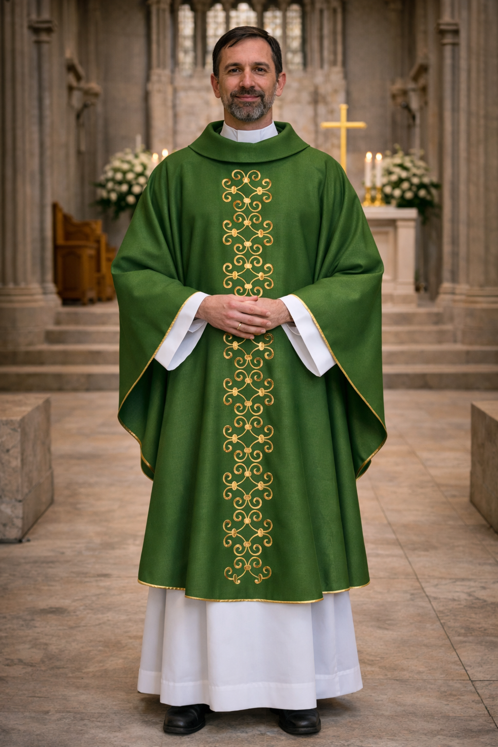 Priest in a green and white liturgical vestment standing in a church.