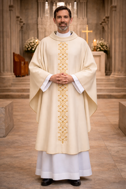 Priest in liturgical vestment standing in a church setting