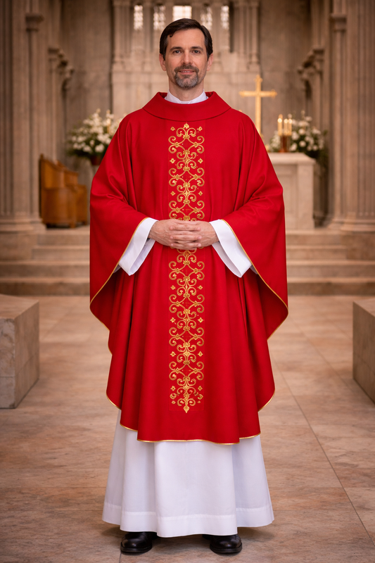 Priest in red liturgical vestment with gold embroidery in a church setting