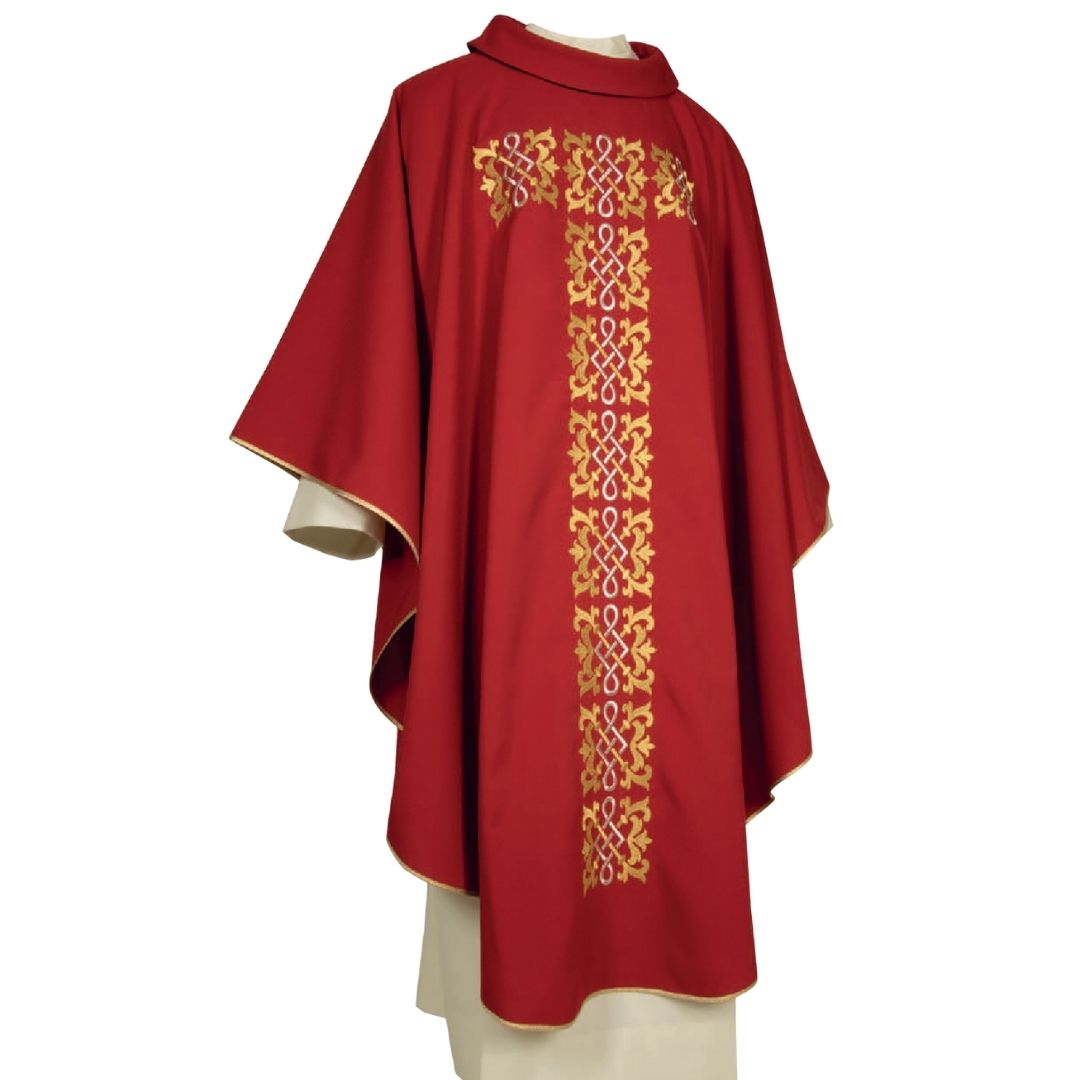 Gothic chasuble red ornate embroidery Made in Italy and sold by The Clergy Store