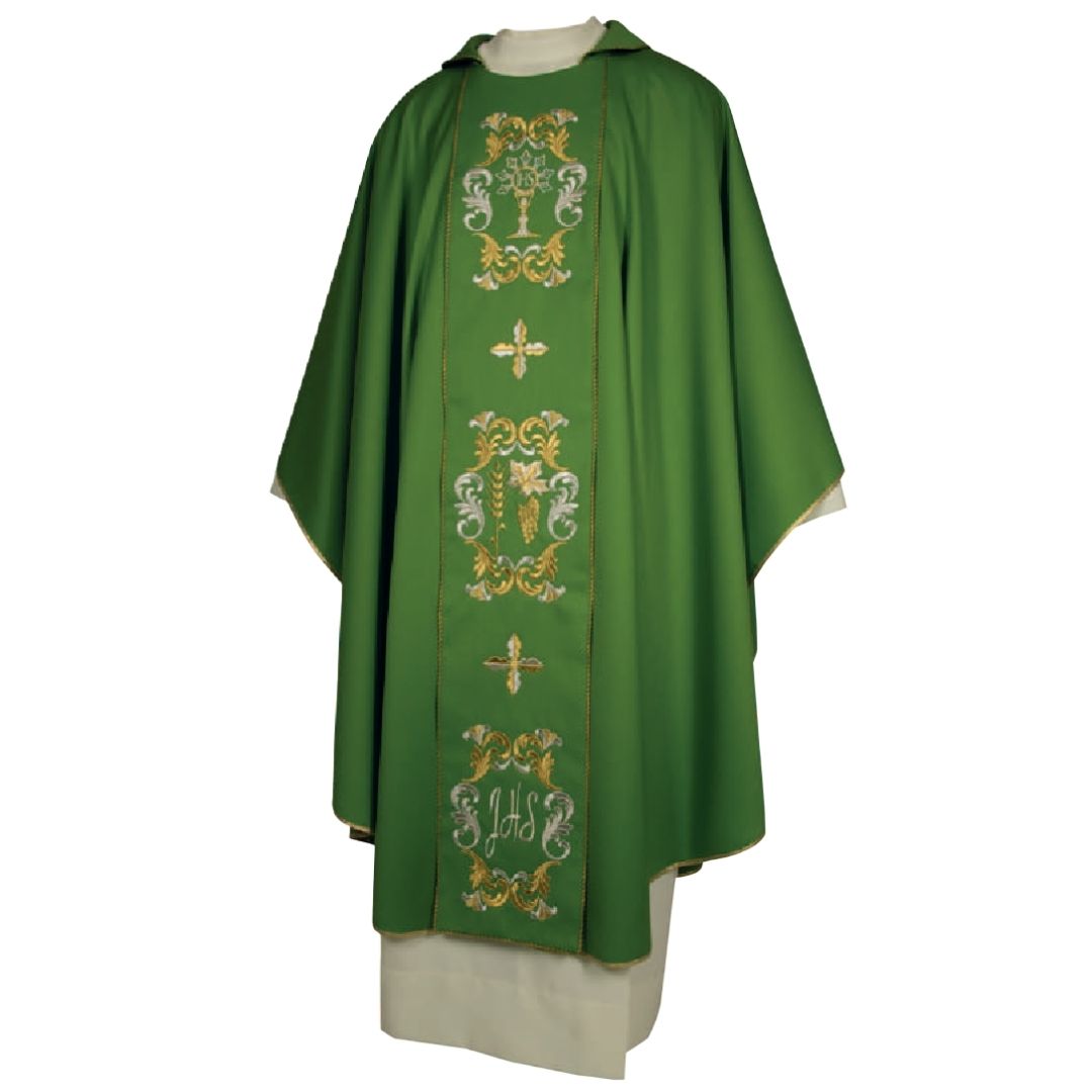 Gothic chasuble green with embroidered IHS and Grapes Made in Italy and sold by The Clergy Store