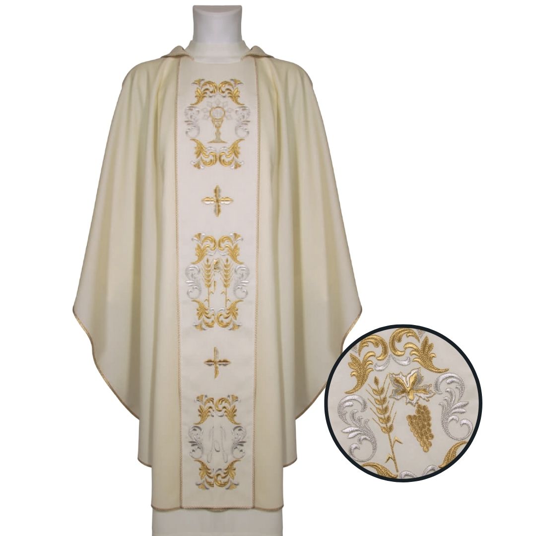 Gothic chasuble ivory with embroidered IHS and Grapes Made in Italy and sold by The Clergy Store