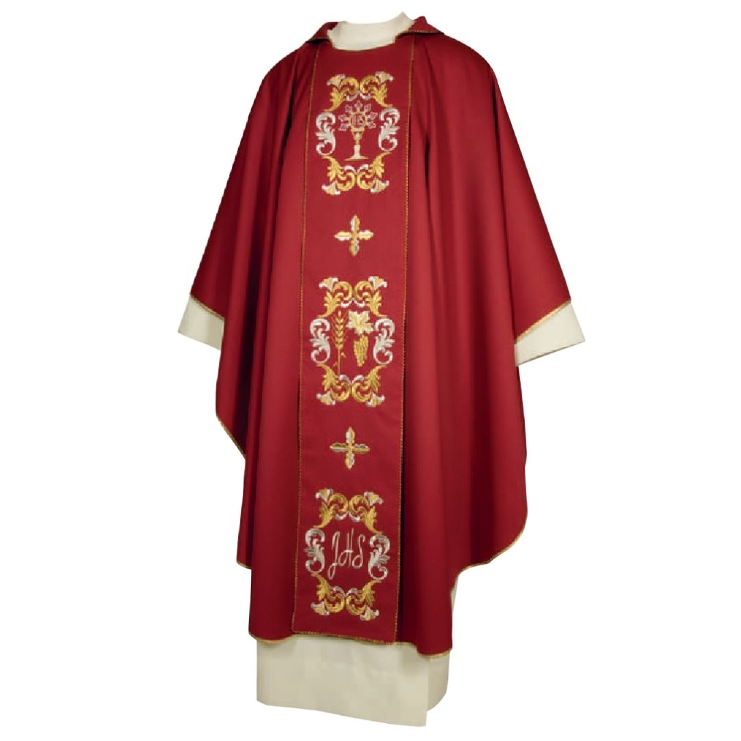 Gothic chasuble red with embroidered IHS and Grapes Made in Italy and sold by The Clergy Store