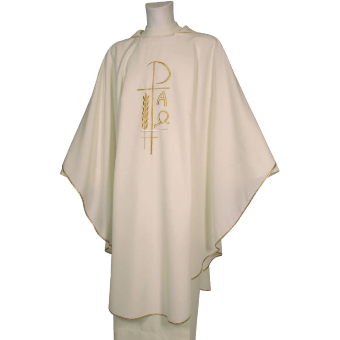 Gothic chasuble ivory with chi rho, alpha omega and wheat stalk made in Italy and sold by The Clergy Store