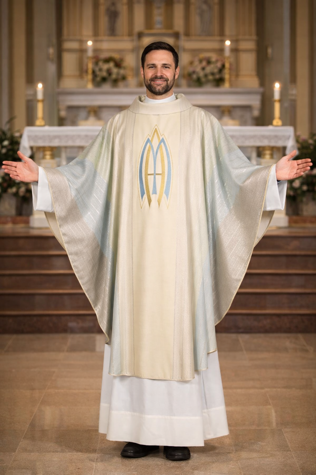 Priest in liturgical  Marian vestments standing in a church setting