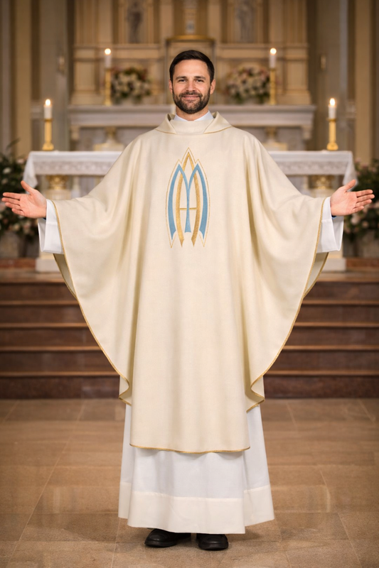 Priest in Ava Maria liturgical vestments with a church interior background