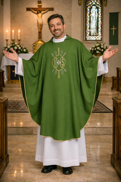 Priest in green vestment with IHS symbol in a church setting