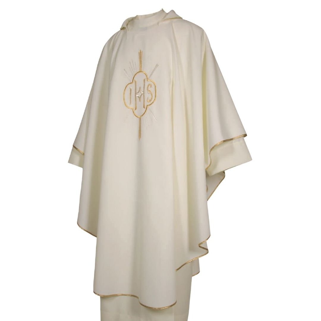 Gothic chasuble with IHS embroidered design in ivory made in Italy and sold by The Clergy Store